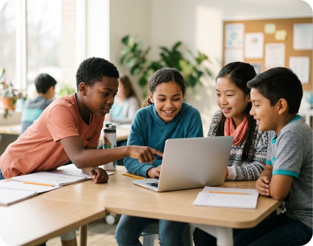 Children learning together at a laptop